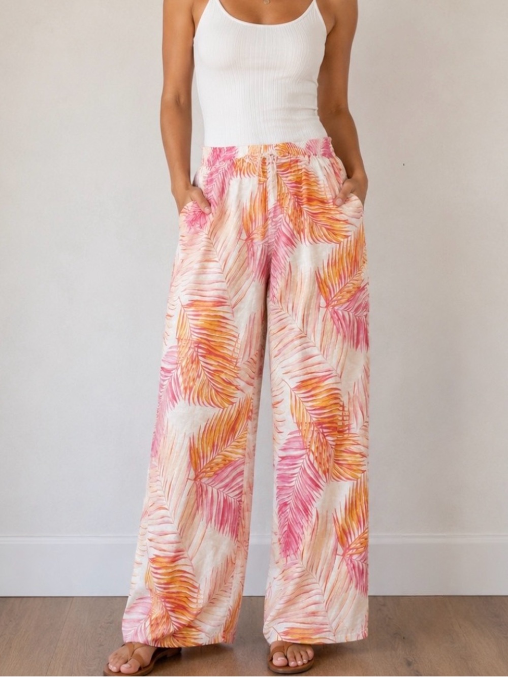 Tahari Pink & Orange Palm-Print Wide Leg Pants